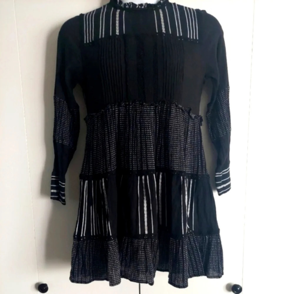 ZARA Praire Bohemian Tiered Ruffle Black & White Striped Longsleeve Dress M